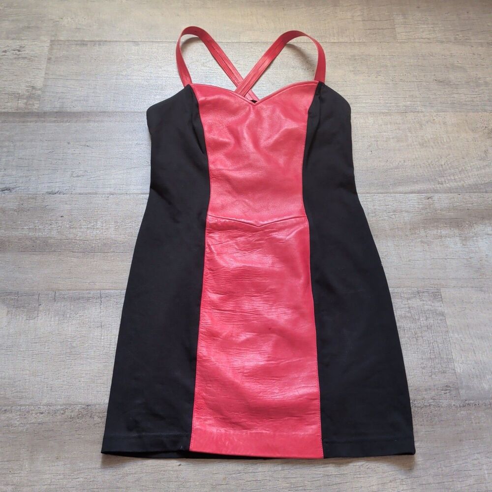 Vtg Cache Leather Shift Dress Size Large L Black Sleeveless Black Red Cross Back